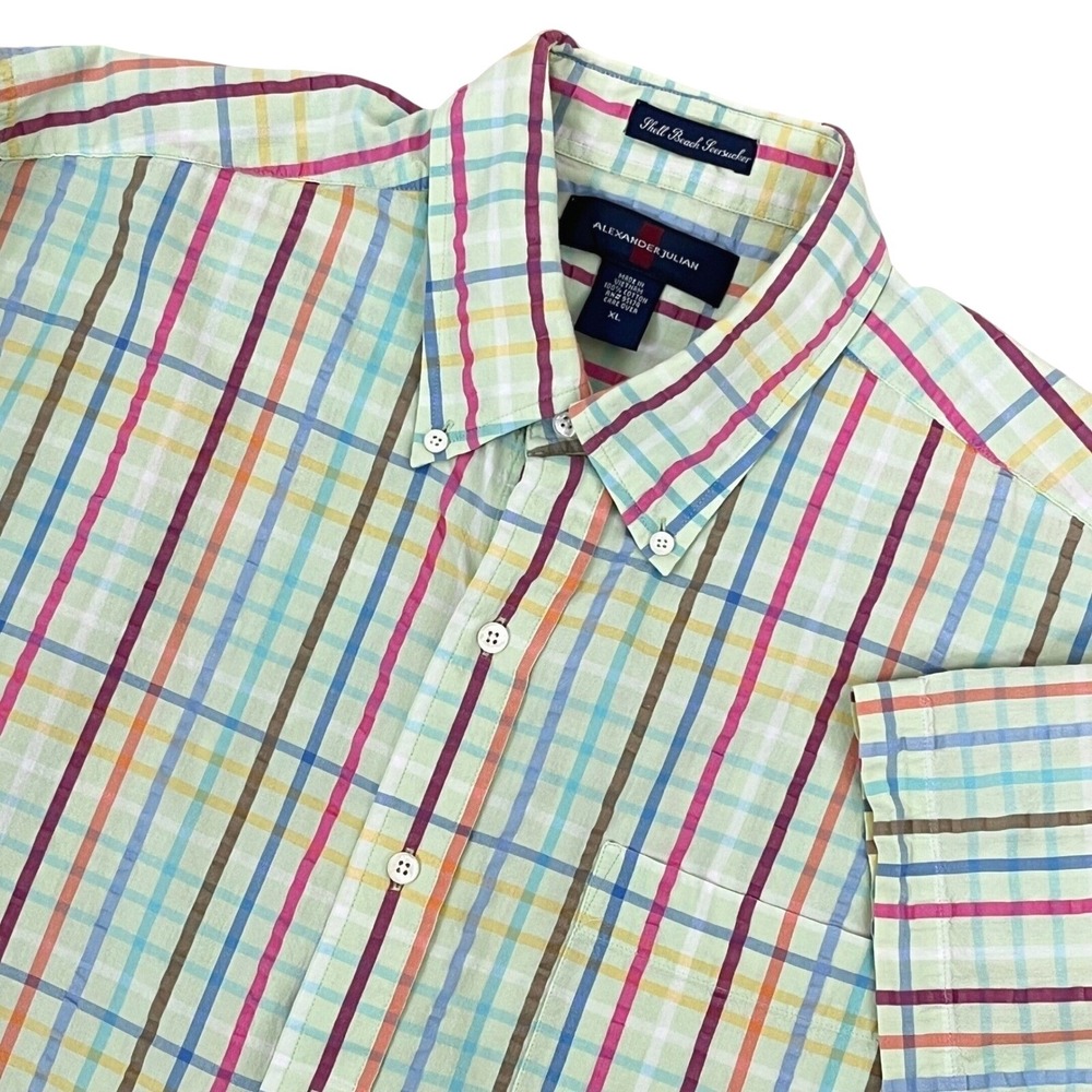 Alexander Julian Mens Shell Beach Seersucker Shirt XL Multicolor Plaid SS Cotton